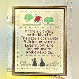 Vintage 1940s VERY BIG American Folk Art Needlepoint Cross Stitch Sampler L@@k